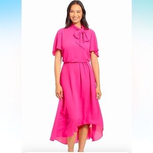 NWT London Times Women's Flutter Sleeve Tie Neck Blouson High Low Midi Dress